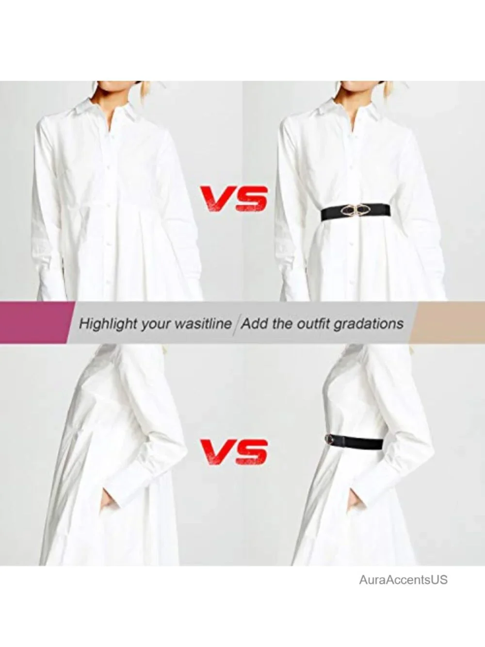 4 Pack Thin Elastic Belts Skinny Stretch Vintage Waistband Dress Gold Buckle
